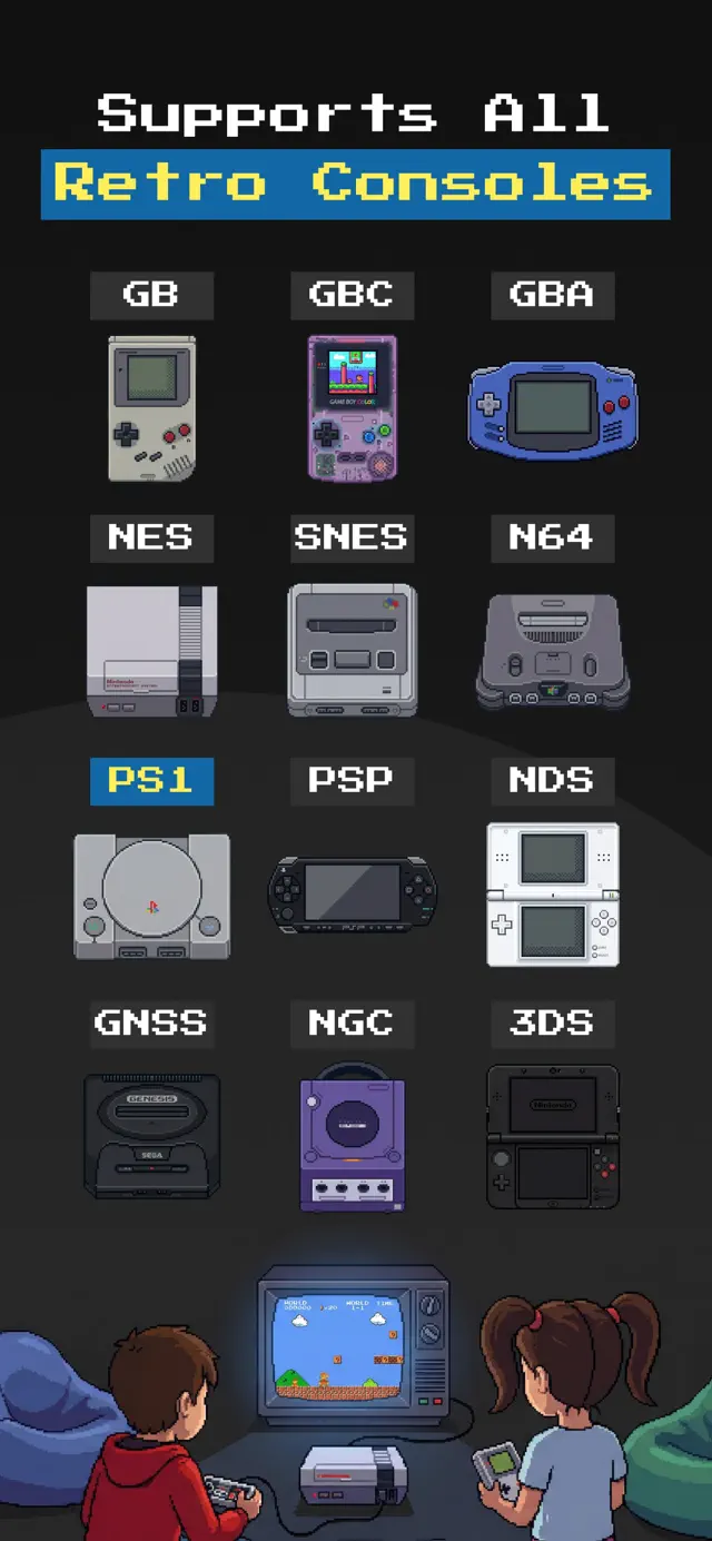 Unterstützte Retro-Konsolen: GB, GBC, GBA, NES, SNES, N64, PS1, PSP, NDS, Mega Drive, GameCube, 3DS