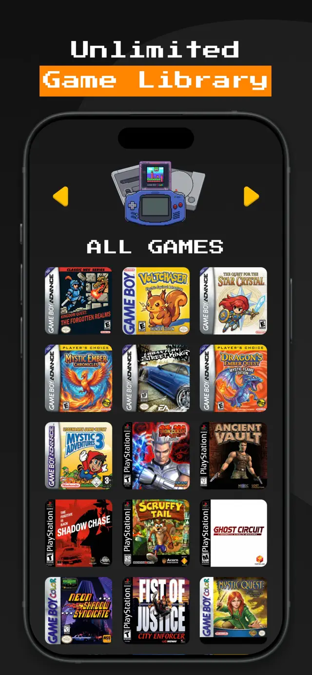 GamePod-Spielebibliothek auf dem iPhone mit Pixel-Art-Covern und Konsolen-Umschalter